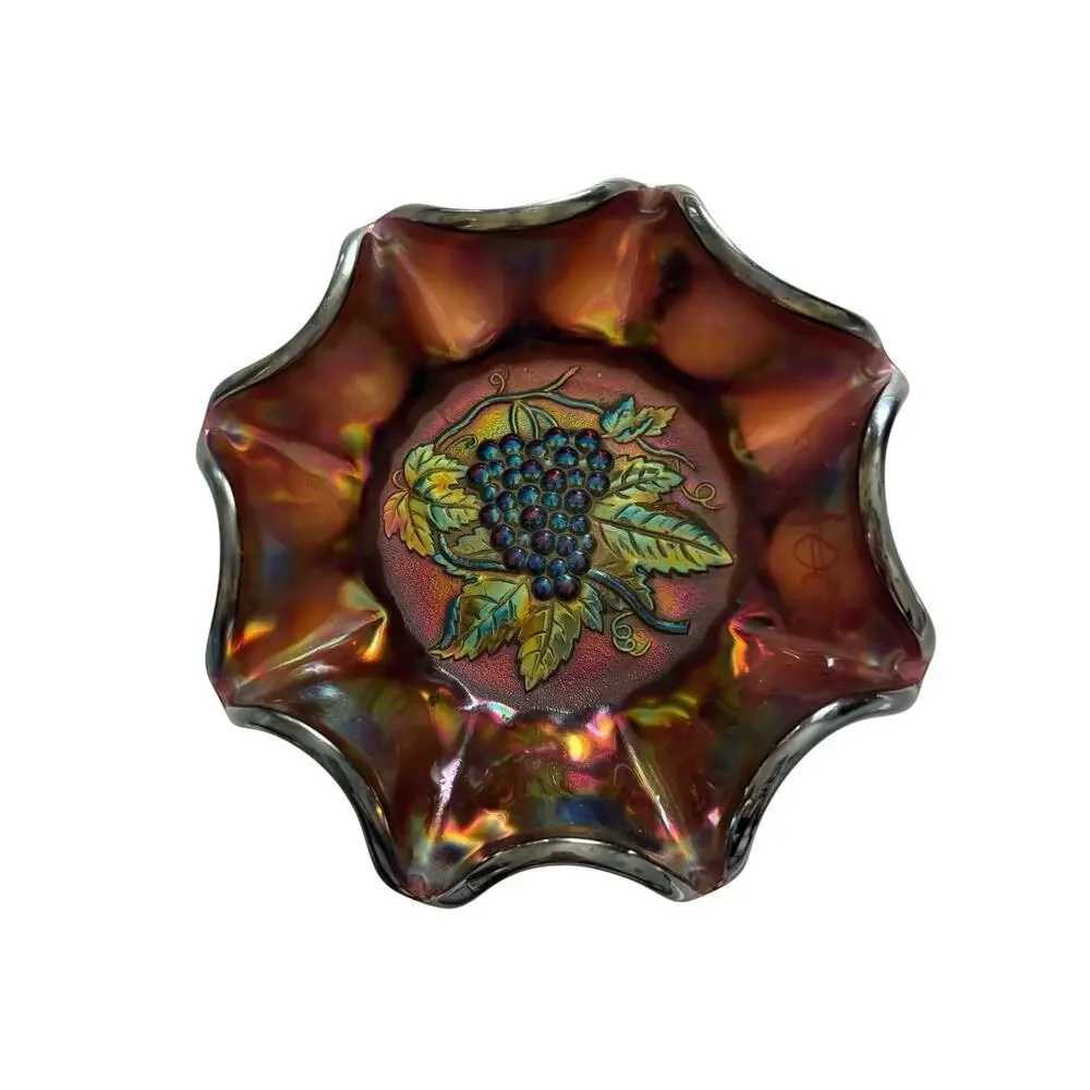 Heavy Grape Carnival Glass Ruffle Edged Bowl 7.5” Antique Purple Iridescent